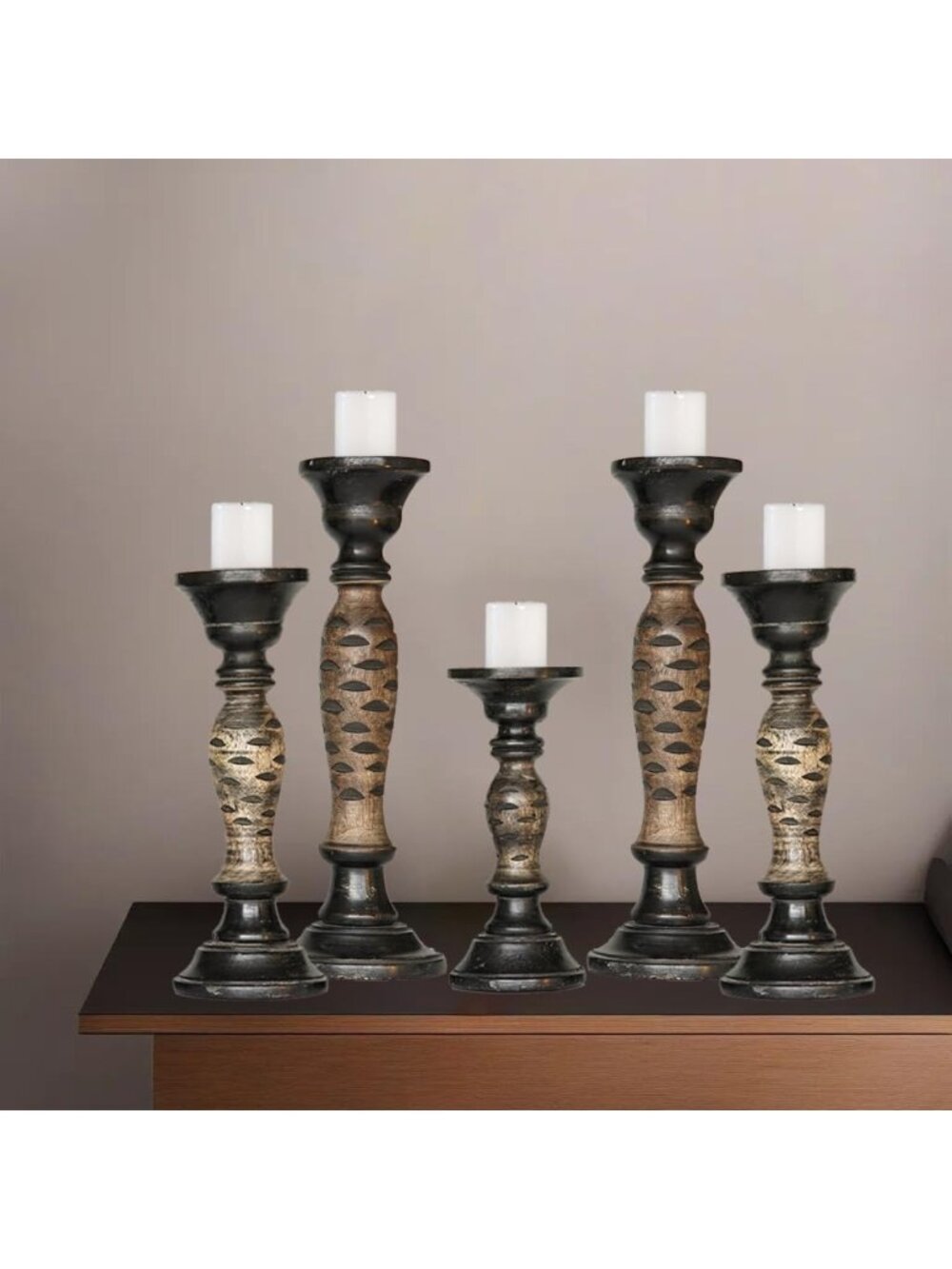 Eco-Friendly Handmade Mango Wood Candle Holder Set - 5 Sizes, Dark Polish Finish